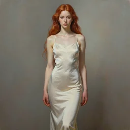 ultra realist soft painting of a single beautiful mythical goddess in a full long curvy slim dress, thin long auburn hair,  symmetry accurate features, very intricate details, volumetric lighting, by Tom Bagshaw Boris Vallejo
