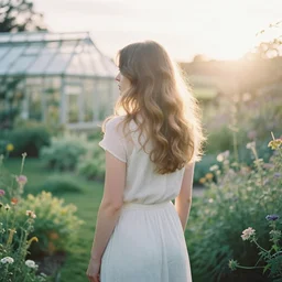 photograph of a beautiful!!! woman! from the back standing in gardenhouse field by mark owen. scotland mood. pastel colors. kodak portra 4 0 0 film!!. whirl bokeh!. mamiya 7. highly detailed. hq. photoreal. golden hour. lens flare. faded film. in - frame