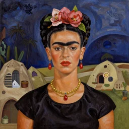 portrait of a dark-skinned beautiful woman under the night sky, earthship, Frida Kahlo painting, incredible detail