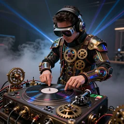 a person wearing goggles and visor and headphones using a steampunk record player contraption, wires and tubes, turntablism dj scratching, intricate planetary gears, complex, cinematic, imax, sharp focus, iridescent, black light, fog machine, lasers
