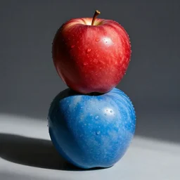 red apple on top of the blue apple