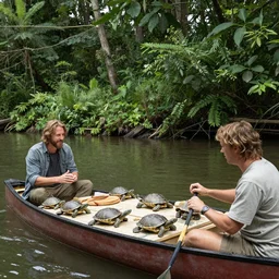 Matt Mercer running a dnd session for a bunch of turtles, at a game table on a canoe, in a beautiful river alongside a forest, by noah bradley