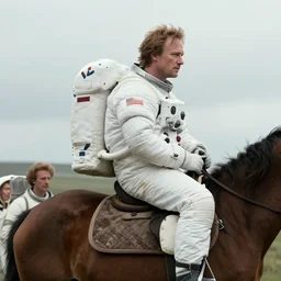 extremely realistic movie shot of a horse sitting on astronauts back by denis villeneuve, ilya repin and andrei tarkovsky, very detailed