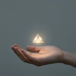an open hand facing up, a tiny glowing pyramid is floating slightly above the palm of the hand