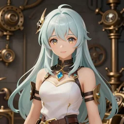 An illustration of single teenager girl as AzuruLane, light skin, steampunk background, digital painting, game promotional poster, soft light, sunset light, highly detailed, sharp focus, art by Yabuki Kentarou, trending on Pixiv.