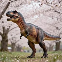 “ a portrait photo of tyrannosaurus at a sakura tree, side shot, by professional photographer, 8 k resolution, high quality ”