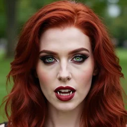 award winning 5 5 mm close up face portrait photo of an anesthetic and beautiful redhead vampire lady who looks directly at the camera with bloodred wavy hair, intricate eyes that look like gems and long sharp fangs, in a park by luis royo. rule of thirds.