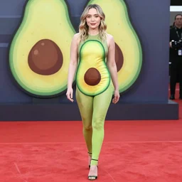 elizabeth olsen walking on the red carpet, wearing an avocado bodysuit stylized like an avocado, full body shot, trending on unsplash, 4 k quality, intricate