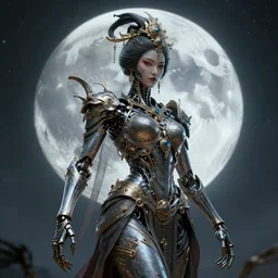 by par olofsson and tristan eaton, visually stunning, cinematic, ultra realistic, hyper realism, 1 2 k, epic, octane render, unreal engine, vfx, maya, mystic dreams : lunar oracle, ornate creature : cyborg geisha