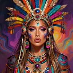 portrait of jennifer lopez, hyper detailed ultra sharp aztec shaman warrior. trending on artstation, warpaint aesthetic, bloodwave, colorful, psychedelic, ornate, intricate, digital painting, concept art, smooth, sharp focus, illustration, art by artgerm and greg rutkowski and h. r. giger, 8 k