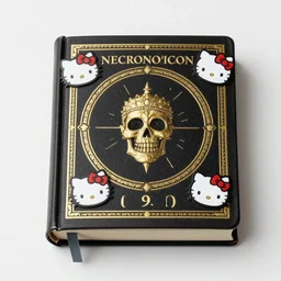 a photo of the necronomicon with ((hello kitty)) stickers on it -9 n