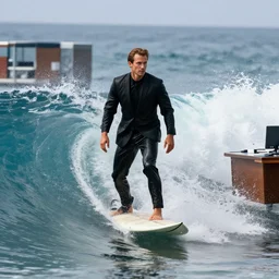 full body portrait, man in black suit surfs ocean wave in office, furniture around, business surrounding, dslr, insane details, hyper reallistic, 8 k, clear face and eyes, ultra clear detail, hdr, textured, award winning, professional photography