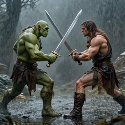 fantasy duel, orc and human fighting, cinematic long shot, rain, concept art by art by greg rutkowski and tyler jacobson and alphonse mucha, character art, detailed faces, wearing boots, hyperrealistic, clashing swords