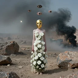 The full body shot of beautiful pale woman with white flowers and full-face golden mask in a haze rocky desert landscape, black smoke, multiple eyes by Gaspar Noe and Christopher Doyle, anamorphic lens, anamorphic lens flares, kodakchrome, cinematic composition, practical effects, award winning photo, 8k