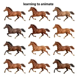 an animation of a horse running left to right shot frame by frame, separated into equally sized frames, from'learning to animate'