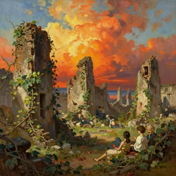 land of ruins, sweltering heat, vines, extremely detailed oil painting, rhads, sargent and leyendecker, savrasov levitan polenov, bruce pennington, studio ghibli, tim hildebrandt, digital art, landscape painting, trending on artstation, masterpiece