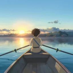 going out for a nice row on a clear winter morning, the water is glass and the sun is rising on the horizon, life is good, style of studio ghibli, makoto shinkai, illustration, digital art