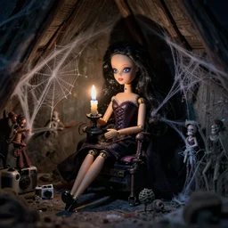macro closeup old flash photo of a creepy seductive gothic disney whimsical mechanical barbie dolls with black hair sitting in a corner of an abandoned attic at night holding a candle, spider webs, disposable camera, guillermo del toro, hp lovecraft, wes anderson, lois van baarle, ilya kuvshinov, wes craven, greg rutkowski,