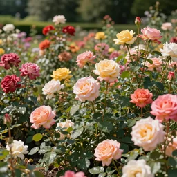 highly detailed photo of colorful rose garden on sunny day, hyper realistic, concept art, 8 k detail post - processing