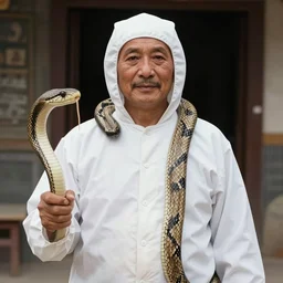 portrait of a snake oil salesman wearing a snake suit and wide brimmed hat offering you a bottle of serum formula, art by Kentaro Miura
