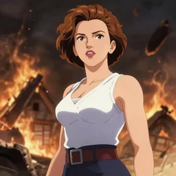 scarlett johansson watches helplessly as her house burns down, afro samurai anime style, dramatic lighting,