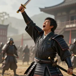 a shogun going into battle pointing his sword up in the air screaming for victory as his horse leaves behind a trail of fire, nihonga style, highly detailed, high quality, 8 k, coherent