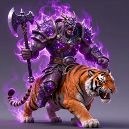 enraged orc king in spiky armor with a purple fiery aura, aura, aura, aura, aura, aura, aura, wearing a dragon mask, holding a poisonous axe, riding riding riding riding riding riding riding riding riding riding a tiger tiger tiger tiger, trending on artstation, sharp focus, highly detailed, digital fantasy art