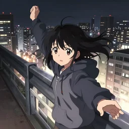 anime visual, portrait of a black haired girl wearing hoodie sightseeing above the urban city, guardrail, cute face by yoh yoshinari, katsura masakazu, dramatic lighting, dynamic pose, dynamic perspective, strong silhouette, ilya kuvshinov, anime cels, 1 8 mm lens, fstop of 8, rounded eyes, moody, detailed