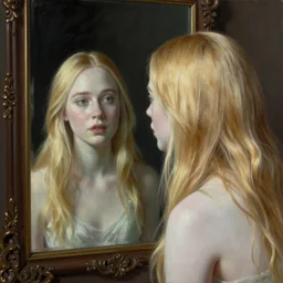Painting of Elle Fanning looking in a haunted mirror, long blonde hair, delicate, pale milky white porcelain skin, by Edward Hopper. 8K. Extremely detailed.