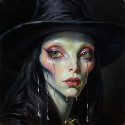 a baroque portrait painting of an alien witch face dripping in liquid mercury. iridescent colors, black background. highly detailed science fiction painting by norman rockwell, moebius, frank frazetta, and syd mead. rich colors, high contrast. artstation