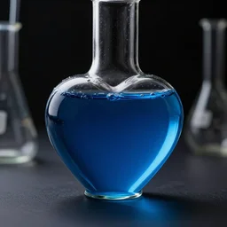 heart shaped glass flask of blue liquid, dark room, sharp focus, raytracing, professional photoshoot