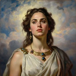 Head and shoulders masterpiece portrait oil painting of the beautiful goddess Gal Gadot as Geisha, she is wearing roman clothes and a surreal jewelry, her hair is natural disheveled, she is approaching heaven over the clouds, naturalism, dramatic lighting, high-detailed oil painting by Ilya Repin, Michelangelo da Caravaggio, William Blake, Alex Grey and Beksinski, trending on Artsation, hystorical painting, naturalism, masterpiece, 4k, 8k,