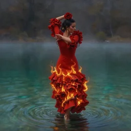 detailed oil painting of spanish flamenco dancer walking waist deep into a crystal clear lake wearing a red dress made of flowers that's engulfed in flames, dimly lit, looking away, dark shadows, ethereal, foggy, moody, surreal