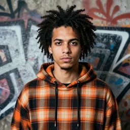 highly detailed portrait of a sewer punk ricardo milos, tartan hoody, ringlet hair by atey ghailan, by greg rutkowski, by greg tocchini, by james gilleard, by joe fenton, by kaethe butcher, gradient orange, black, cream and white color scheme, grunge aesthetic!!! ( ( graffiti tag wall background ) )