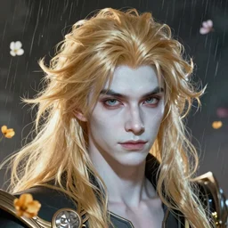 An epic fantastic realism comic book style portrait painting of Lucius the most beautiful man in the universe, long fluffy blond curls of hair, porcelain pale skin, flowers rain everywhere, fisheye lens, Apex Legends Concept Art, porcelain, unreal 5, DAZ, hyperrealistic, octane render, cosplay, RPG portrait, dynamic lighting