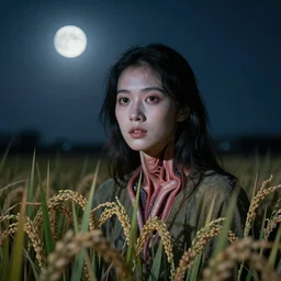 levitaing women head with innards hanging over rice field at night, horror, moon light, v - ray