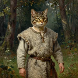slavic cat head man, woolen torso in medieval clothes, walking in the forest, orthodox saint christopher, oil painting, painting by viktor vasnetsov, concept art, hyperrealism, beautiful, high resolution, trending on artstation, by luis royo