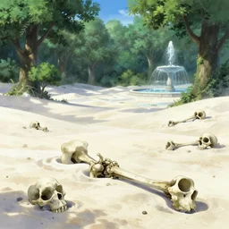Bone desert. White sand dunes. Human and animal bones., anime, lush trees, fountain, a fantasy digital painting by Greg Rutkowski and James Gurney, trending on Artstation, highly detailed