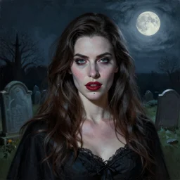 Riveting Charismatic brunette female vampire, portrait, atmospheric lighting, painted, intricate, Highgate cemetery, volumetric lighting, beautiful, moon light, sharp focus, ultra detailed, by Leesha Hannigan, Ross Tran, Thierry Doizon, Kai Carpenter, Ignacio Fernández Ríos