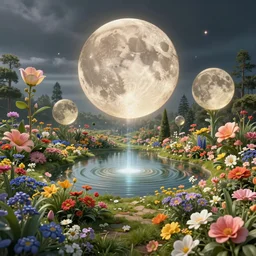 a dream flower garden surrounding a lake environment where one draws mystical energy into their lives, background art, pristine concept art, small, medium and large design elements, in the style of WLOP and Ross Tran
