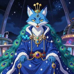 portrait from an anime of a furry ethereal colorful blue starry fox peacock character, giant golden fangs, wearing star filled mage robes, wearing lots of gold jewelry and gems, sitting in an illuminated space observatory at night, art by yuji ikehata, background art by miyazaki, realism, detailed, proper human proportions, fully clothed