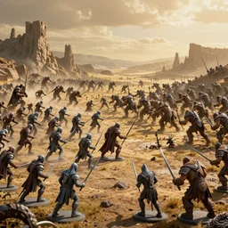 photo taken of an epic battlefield diorama designed by weta workshops, an army of high elves battling a horde of orcs, with highly detailed 3 d printed characters, wide shot, photorealistic, sharp focus, f 0. 4, golden ratio, golden hour