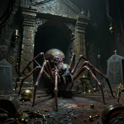 a highly detailed matte painting of lovecraftian cosmic horror scene with a spider - like abomination crawling out of an ancient tomb in a dark mausoleum filled with relics and sigils, by artgerm, by wlop, by greg rutkowski, volumetric lighting, octane render, 4 k resolution, trending on artstation, masterpiece