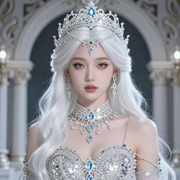 portrait of pretty princess with white hair, beauty, ornate and intricate diamond jewelry, glowing, jaw dropping, ornate and intricate backdrop, white accent lighting, hyper detailed, 4 k octane render