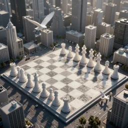 A bird's-eye view of the city made of white chess pawns, unreal engine