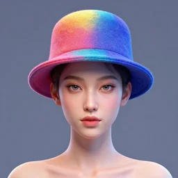 full portrait of a post modern fashion model with an exuberant neo bio hat, colorful, beautiful face, octane render, vray, detailed, halftoned, editorial illustration, matte print, grainy light, ( ( dither ) ), risograph, high contrast, screen print, grainy texture
