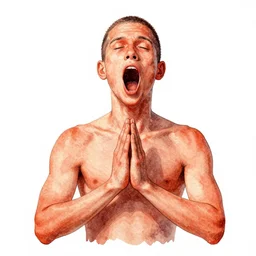 a red - orange man with his mouth open wide, legless, eyeless, noseless, hands arranged in a prayer position, watercolor illustration, white background
