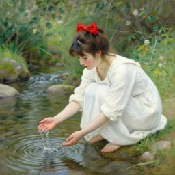 vicky playing with the water, wearing white cloths, and a red bow in her hair, sitting by the side of a creek, in the painting style of renoir, 8 k, detailed, rule of thirds