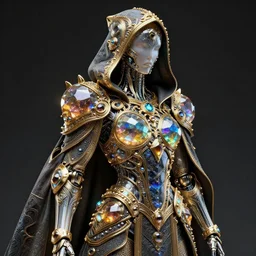 cybernetic crystal assassin, trending concept smooth matte artwork, realistic, intricate linework, beautiful spectrum of colorful gems on dark intricate armor cloak, cyborg, clear focus, glowing, baroque, hooded, ornate! gold!, specular, futuristic, detailed, moody, magical, wlop, chebokha, rutkowski, artgerm, shinkai