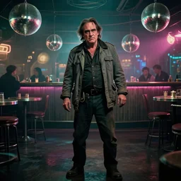 the full - body shot of drunk arrogant old wrinkled unkempt drunkard joaquin phoenix with sideburns worn in grey jacket in steampunk fallout disco bar, shot from withnail & i movie with cinematography of christopher doyle, frostpunk, neon gloomy light, discoball reflections, anamorphic, optical flares, kodak film, sharp focus, 8 k